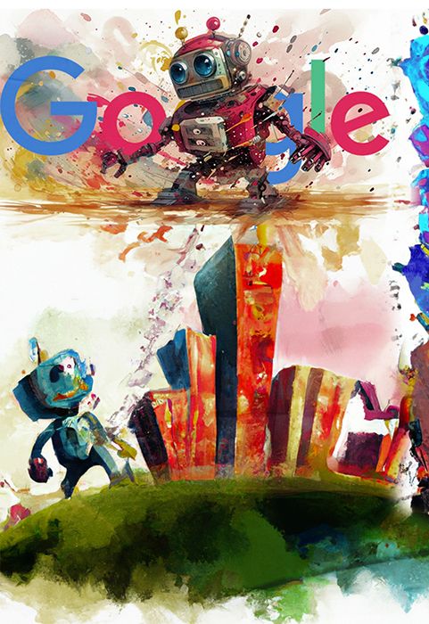 Vignette futuriste de google avec deux robos et une ville
